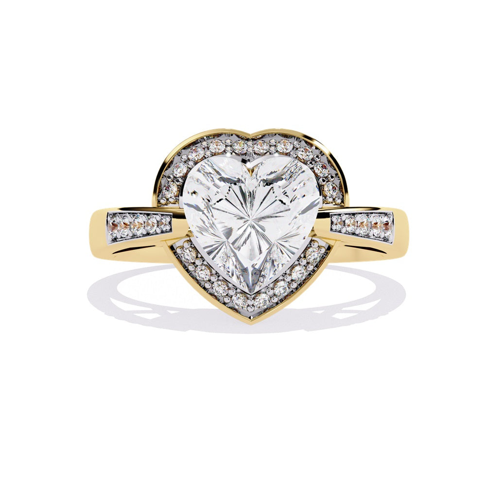 A heart-shaped diamond ring in gold, featuring a solitaire design with a halo of smaller diamonds surrounding it.