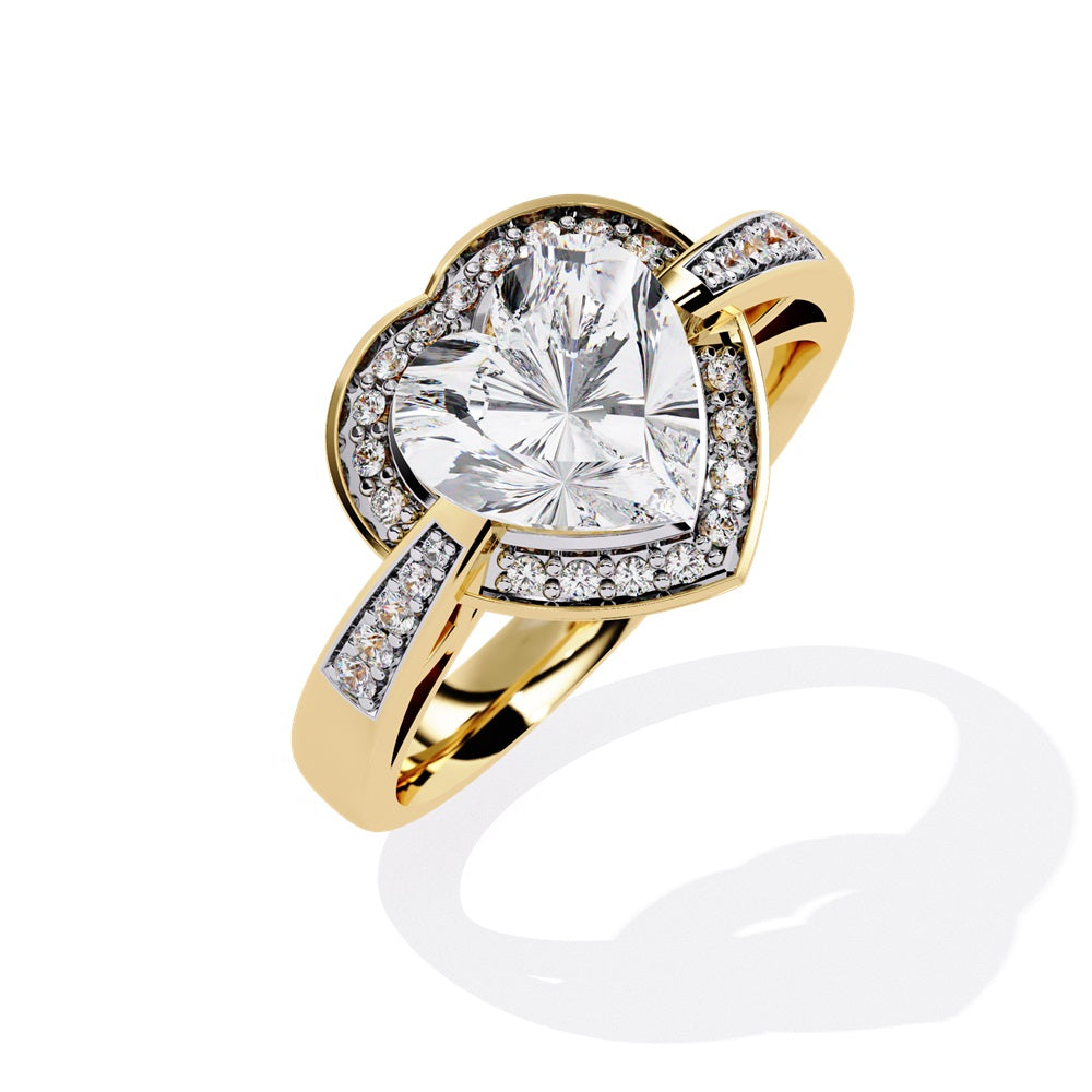 A heart-shaped diamond ring in gold, featuring a solitaire design with a halo of smaller diamonds surrounding it.