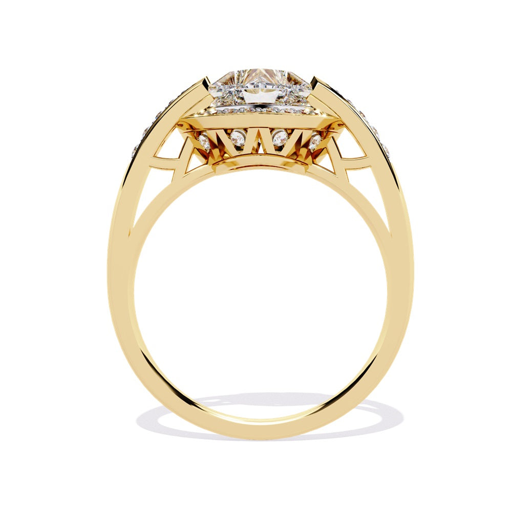 A heart-shaped diamond ring in gold, featuring a solitaire design with a halo of smaller diamonds surrounding it.