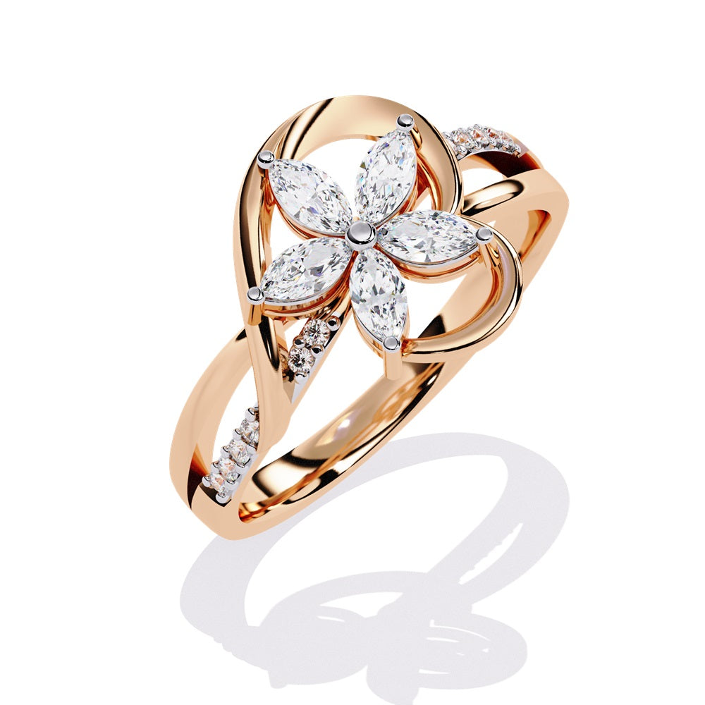 Elegant gold ring adorned with a diamond flower, symbolizing beauty and luxury in exquisite craftsmanship.