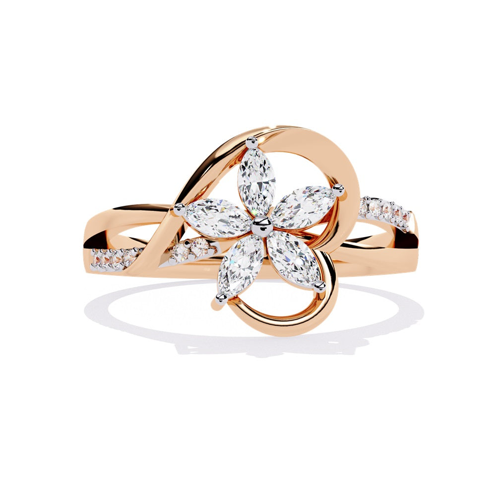 Elegant gold ring adorned with a diamond flower, symbolizing beauty and luxury in exquisite craftsmanship.