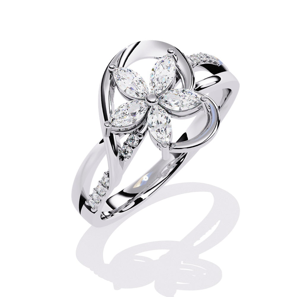 Elegant gold ring adorned with a diamond flower, symbolizing beauty and luxury in exquisite craftsmanship.