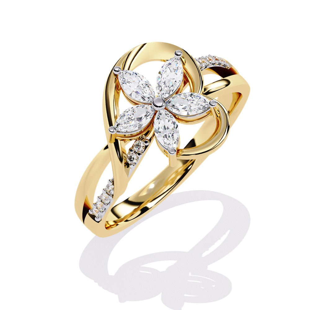 Elegant gold ring adorned with a diamond flower, symbolizing beauty and luxury in exquisite craftsmanship.