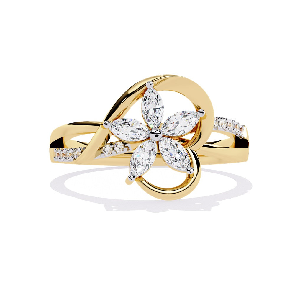 Elegant gold ring adorned with a diamond flower, symbolizing beauty and luxury in exquisite craftsmanship.