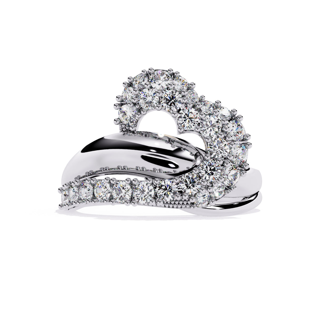 A beautifully crafted diamond ring with heart nestled in the middle, signifying everlasting love.