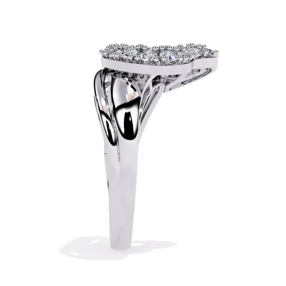 A beautifully crafted diamond ring with heart nestled in the middle, signifying everlasting love.