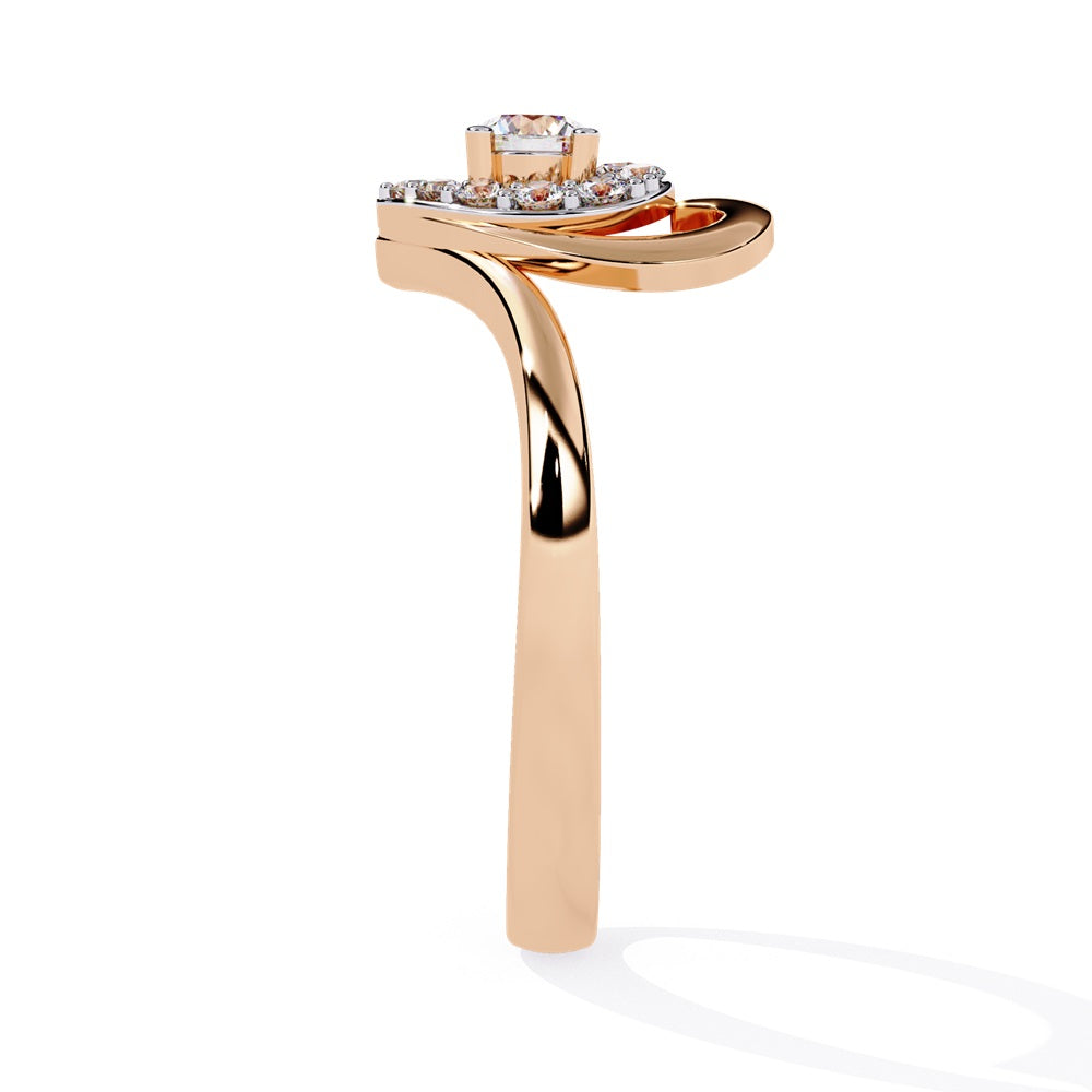 A beautifully crafted gold ring in the shape of a heart, embellished with a radiant diamond studded heart and center stone, representing love.