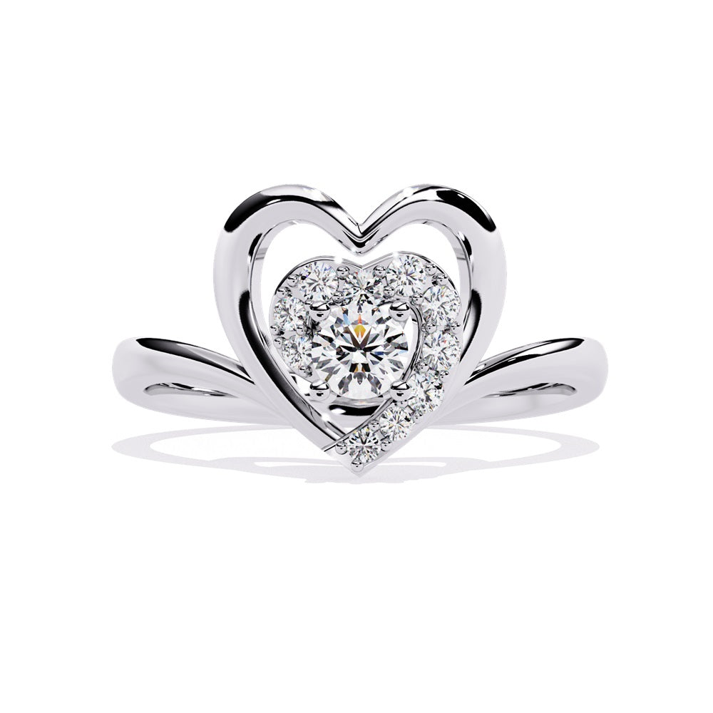 A beautifully crafted gold ring in the shape of a heart, embellished with a radiant diamond studded heart and center stone, representing love.