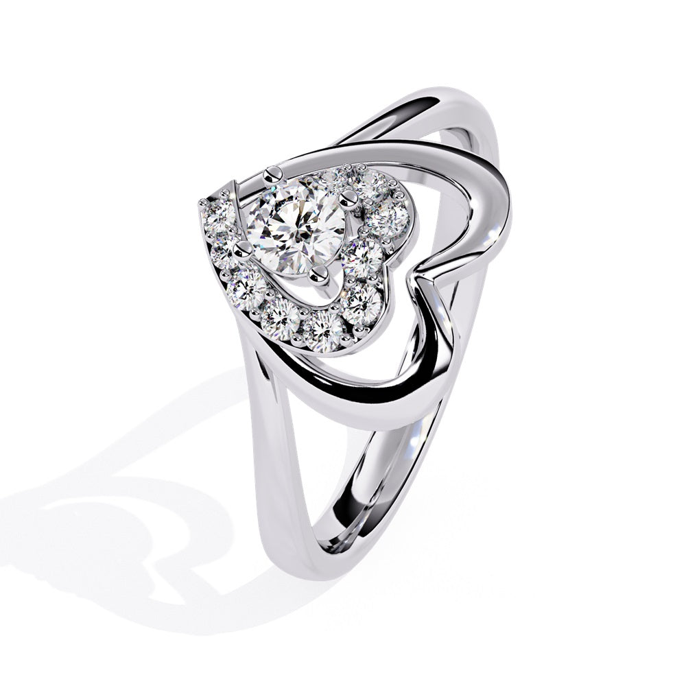 A beautifully crafted gold ring in the shape of a heart, embellished with a radiant diamond studded heart and center stone, representing love.