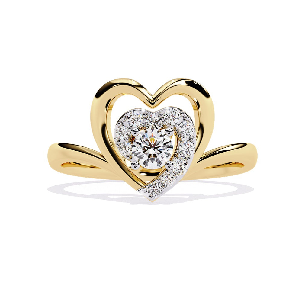 A beautifully crafted gold ring in the shape of a heart, embellished with a radiant diamond studded heart and center stone, representing love.