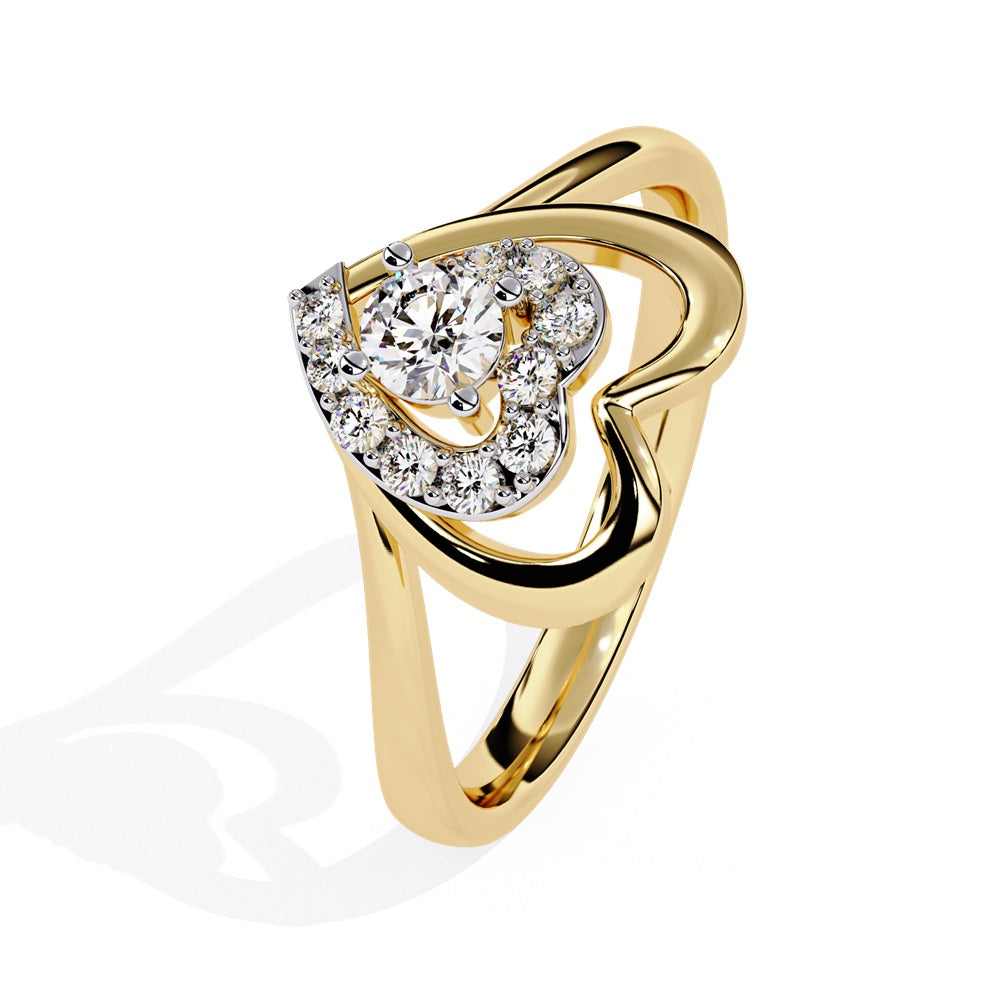 A beautifully crafted gold ring in the shape of a heart, embellished with a radiant diamond studded heart and center stone, representing love.