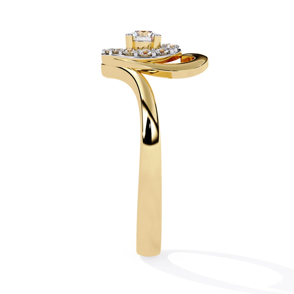 A beautifully crafted gold ring in the shape of a heart, embellished with a radiant diamond studded heart and center stone, representing love.