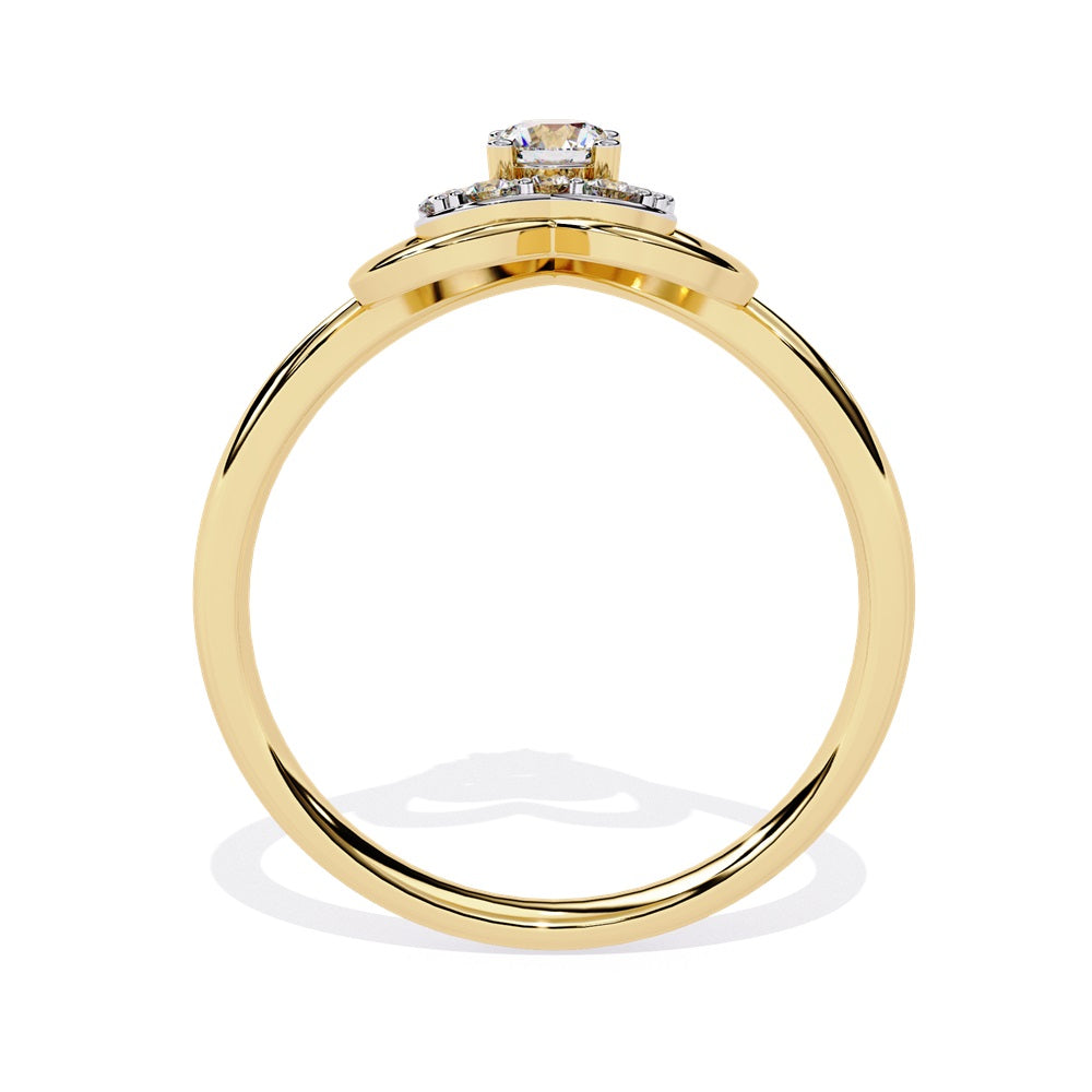A beautifully crafted gold ring in the shape of a heart, embellished with a radiant diamond studded heart and center stone, representing love.