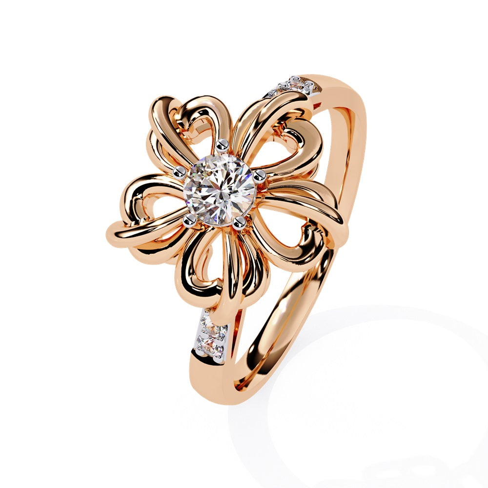 A beautiful flower-shaped ring in gold, accented with diamonds, symbolizing grace and timeless style.