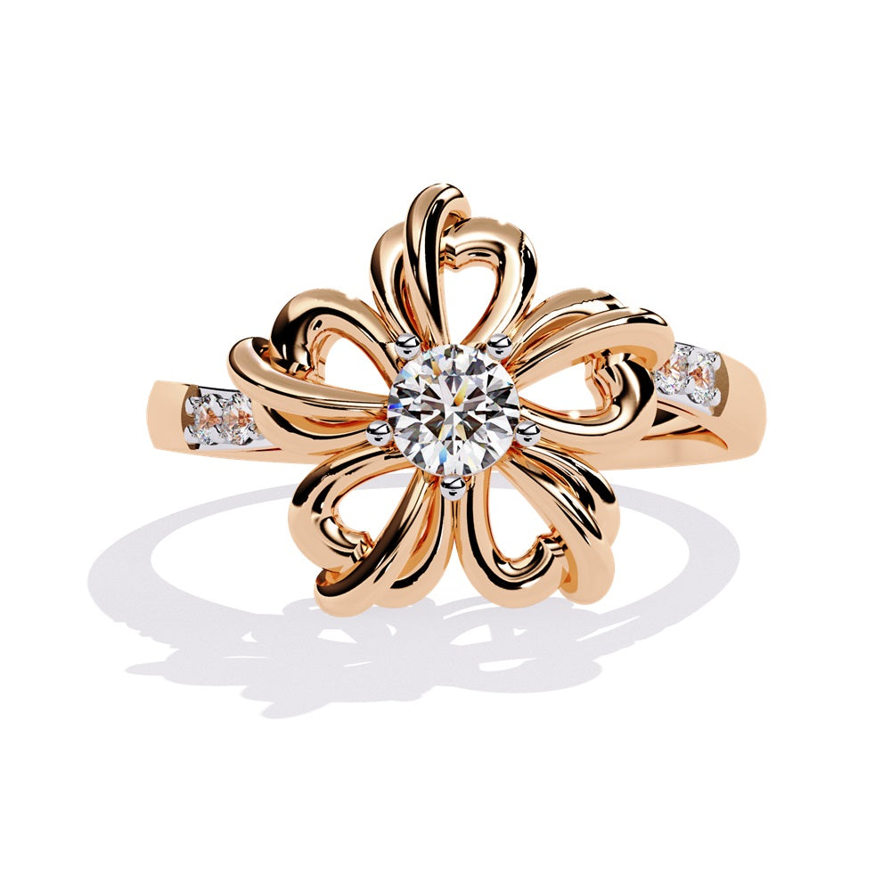 A beautiful flower-shaped ring in gold, accented with diamonds, symbolizing grace and timeless style.