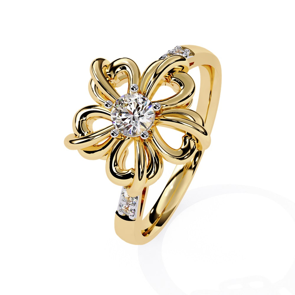 A beautiful flower-shaped ring in gold, accented with diamonds, symbolizing grace and timeless style.