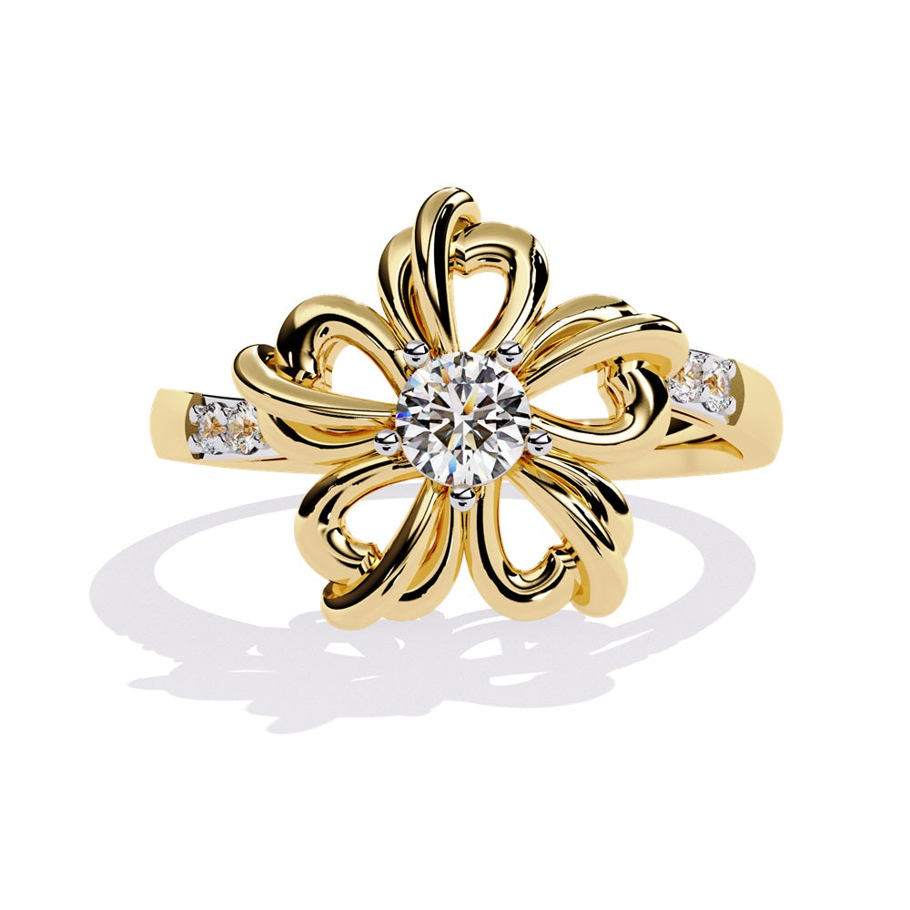 A beautiful flower-shaped ring in gold, accented with diamonds, symbolizing grace and timeless style.