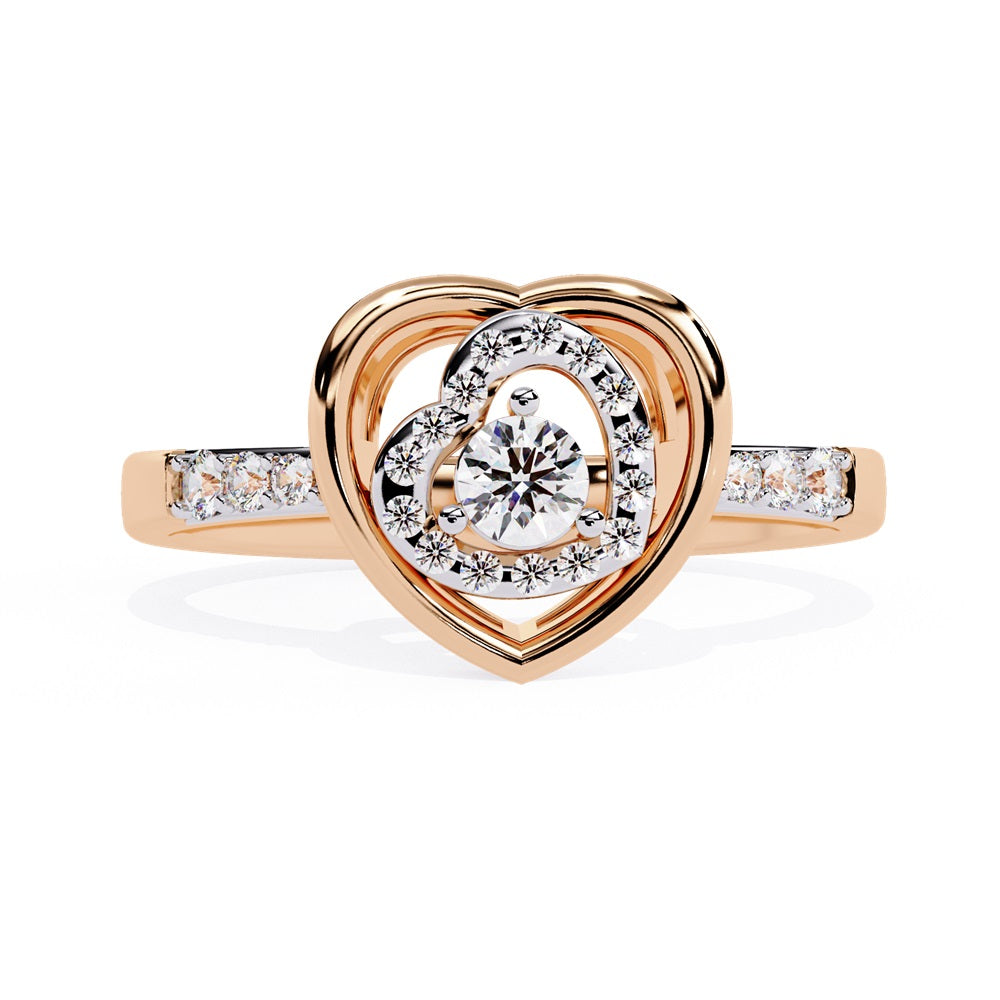 A beautifully crafted gold ring in the shape of a heart, embellished with a radiant diamond studded heart and center stone, representing love.