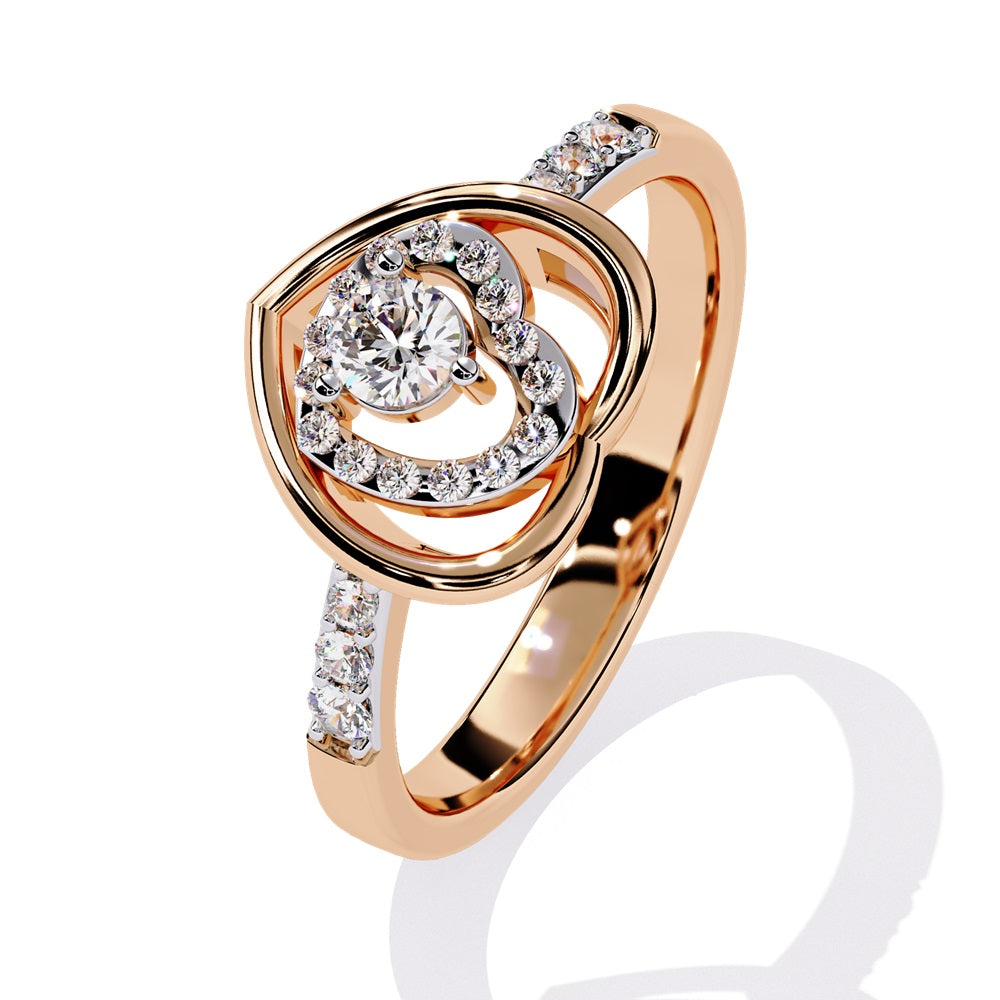 A beautifully crafted gold ring in the shape of a heart, embellished with a radiant diamond studded heart and center stone, representing love.