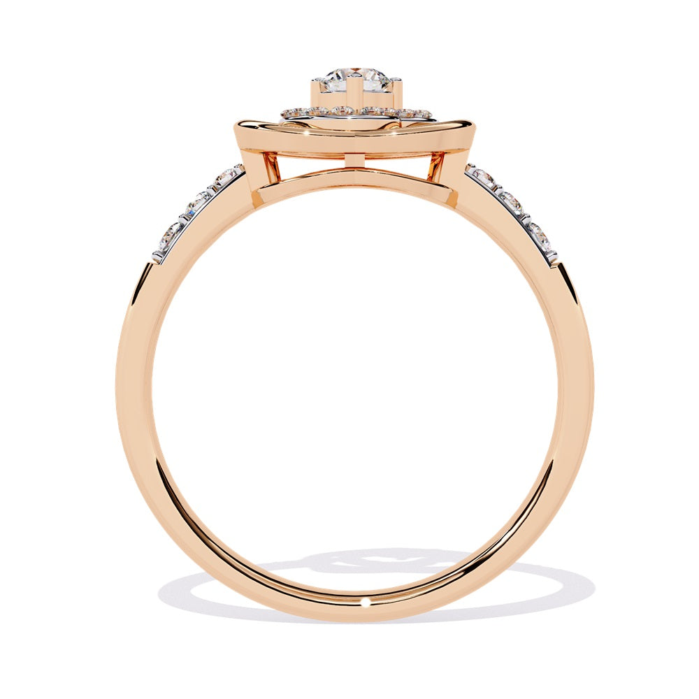 A beautifully crafted gold ring in the shape of a heart, embellished with a radiant diamond studded heart and center stone, representing love.