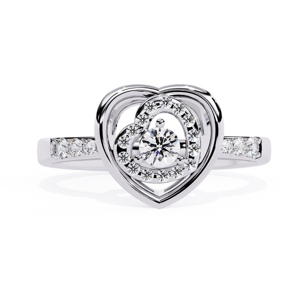 A beautifully crafted gold ring in the shape of a heart, embellished with a radiant diamond studded heart and center stone, representing love.
