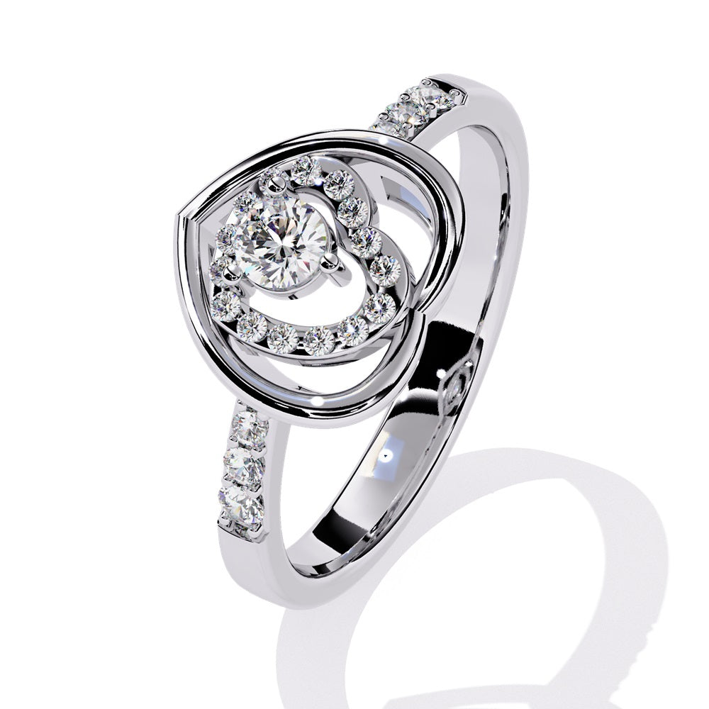 A beautifully crafted gold ring in the shape of a heart, embellished with a radiant diamond studded heart and center stone, representing love.
