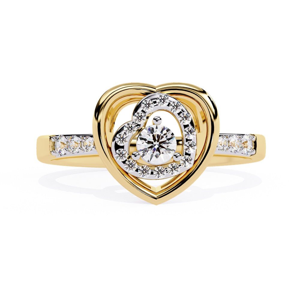 A beautifully crafted gold ring in the shape of a heart, embellished with a radiant diamond studded heart and center stone, representing love.