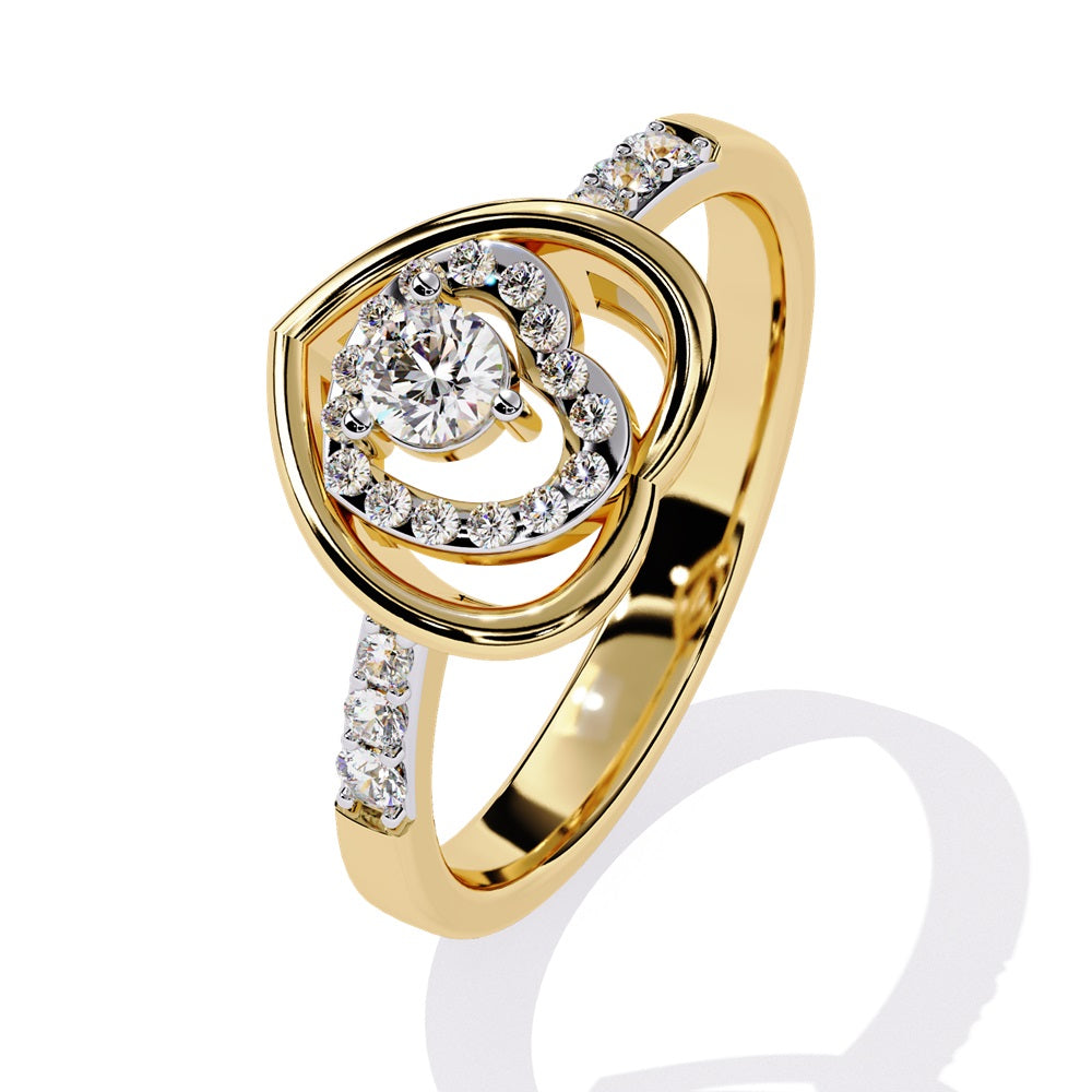 A beautifully crafted gold ring in the shape of a heart, embellished with a radiant diamond studded heart and center stone, representing love.