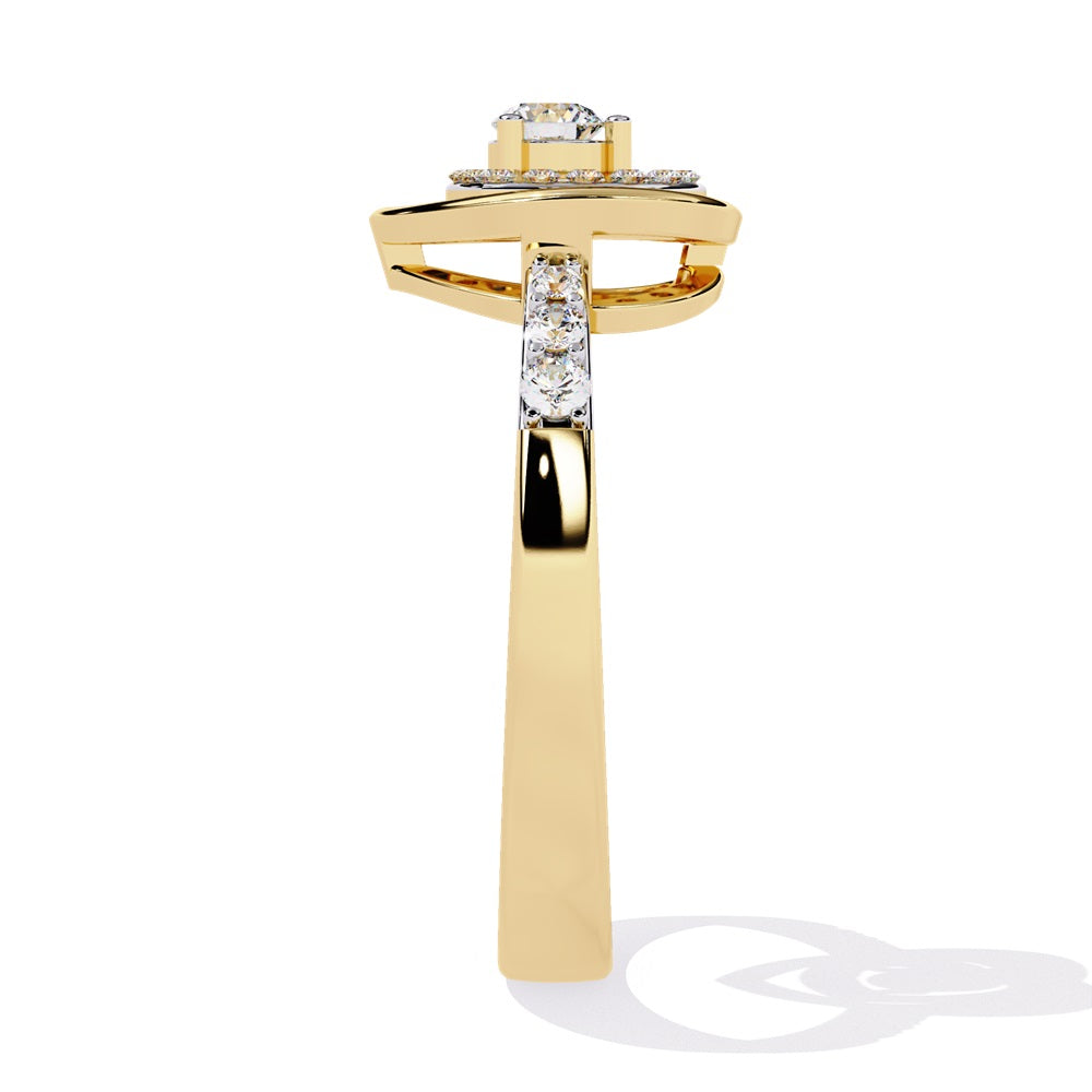 A beautifully crafted gold ring in the shape of a heart, embellished with a radiant diamond studded heart and center stone, representing love.