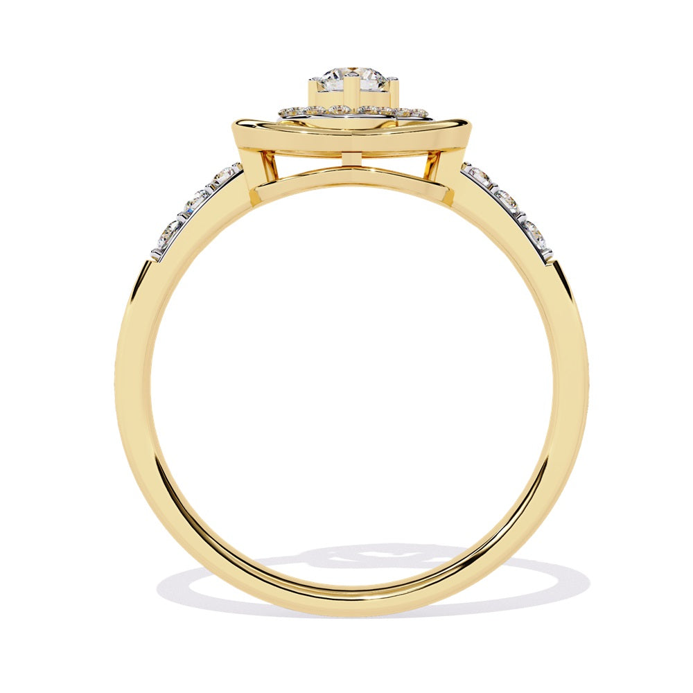A beautifully crafted gold ring in the shape of a heart, embellished with a radiant diamond studded heart and center stone, representing love.