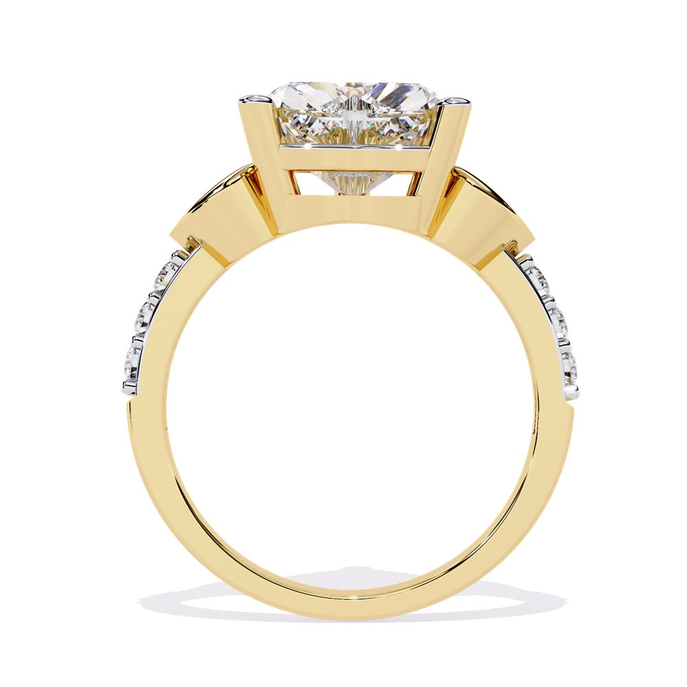 A stunning heart-shaped diamond engagement ring in gold featuring two gold hearts on either sides, perfect for a romantic proposal.