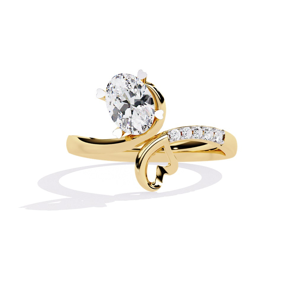 An engagement ring crafted in gold with a sparkling oval diamond at the center, epitomizing luxury and everlasting love.