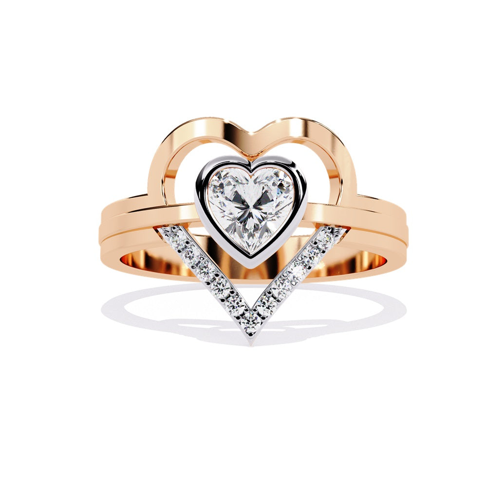A heart-shaped diamond ring in gold, featuring a solitaire design with a gold halo surrounding it.
