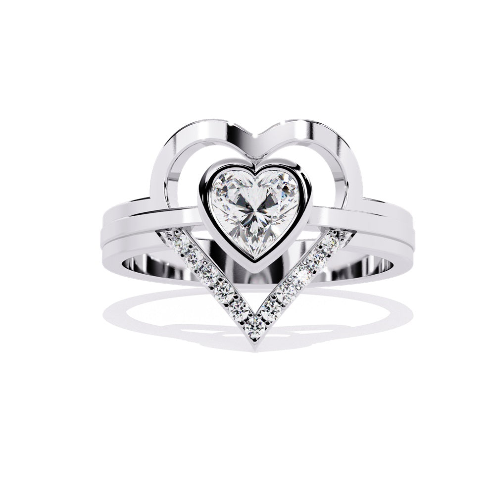 A heart-shaped diamond ring in gold, featuring a solitaire design with a gold halo surrounding it.