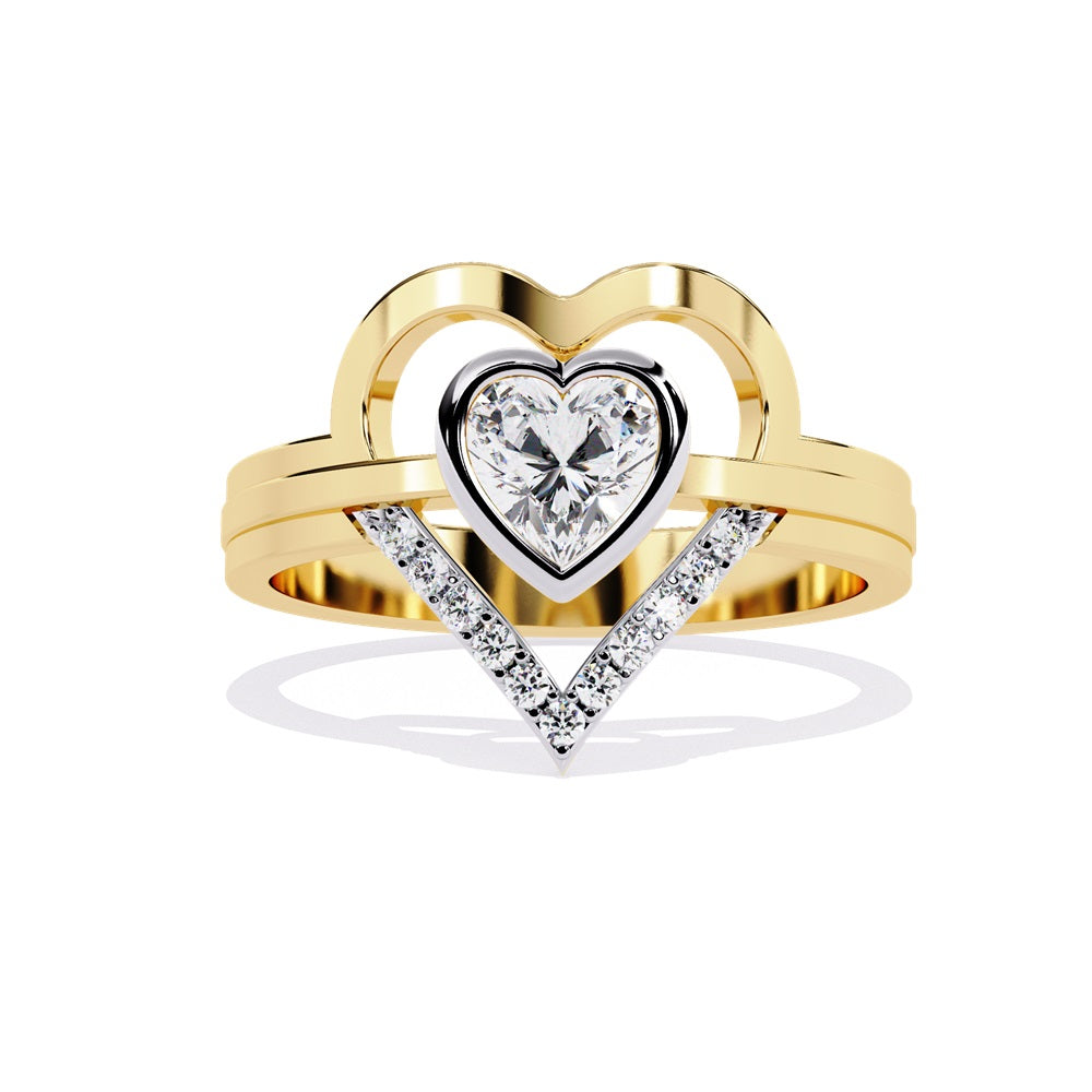 A heart-shaped diamond ring in gold, featuring a solitaire design with a gold halo surrounding it.