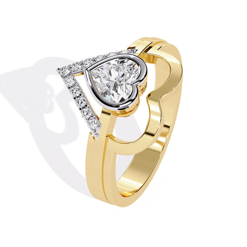 A heart-shaped diamond ring in gold, featuring a solitaire design with a gold halo surrounding it.
