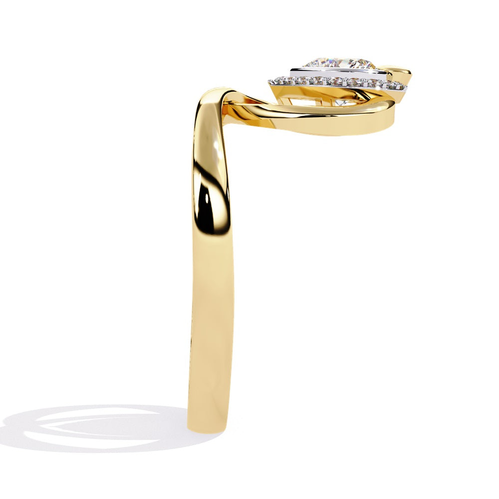 A heart-shaped diamond ring in gold, featuring a solitaire design with a halo of smaller diamonds surrounding it.
