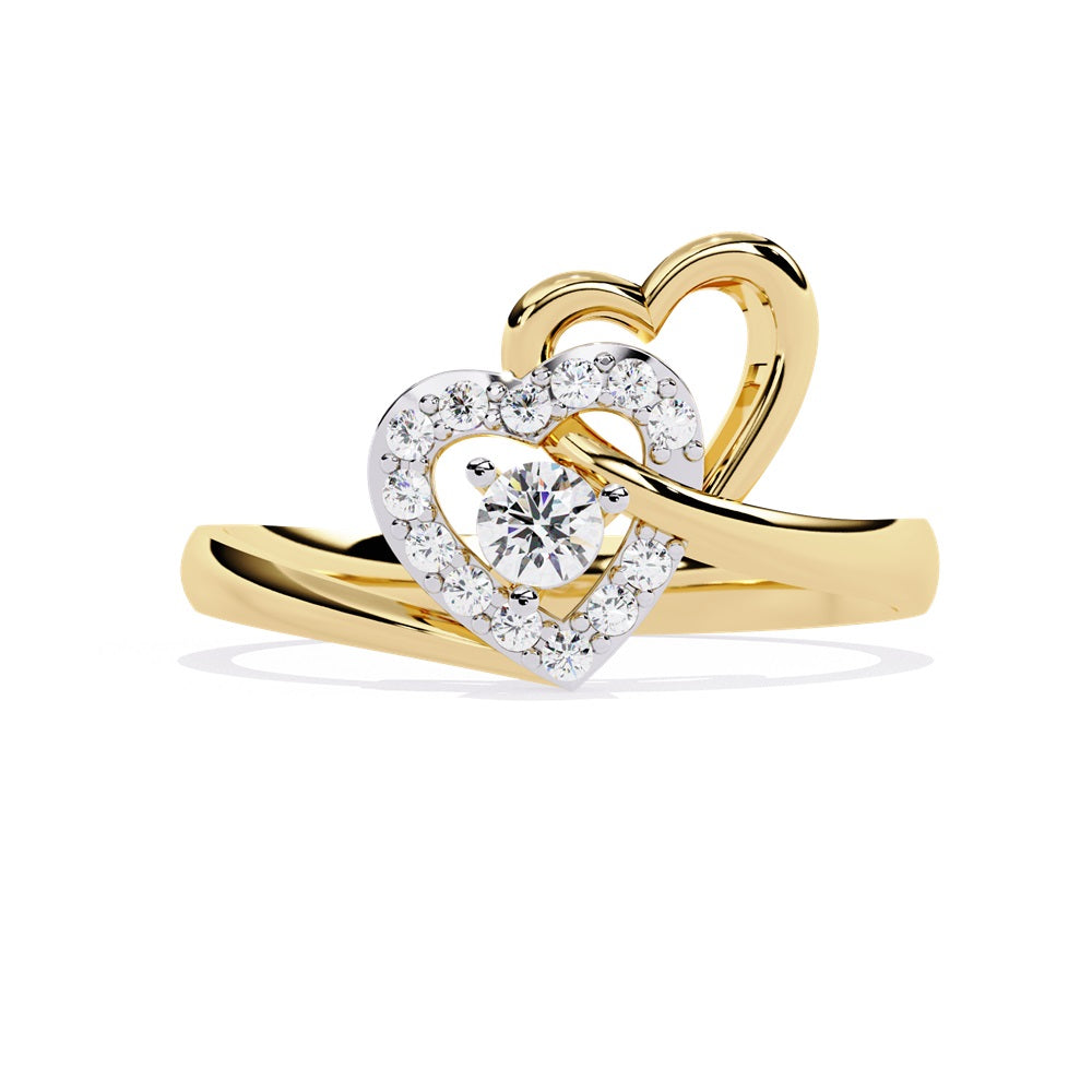 A gold and diamond heart ring featuring two intertwined hearts, symbolizing love and unity.