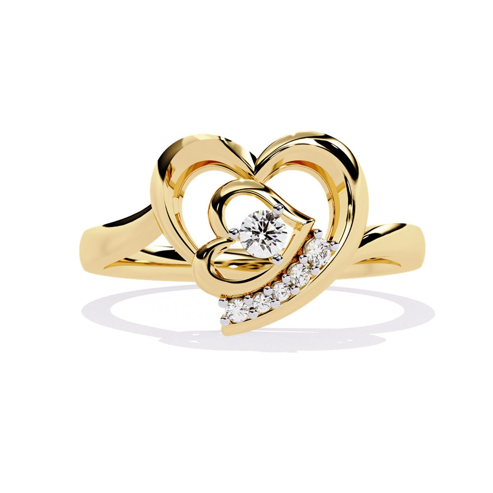 A gold and diamond heart ring featuring two cuddling hearts, symbolizing love and unity.