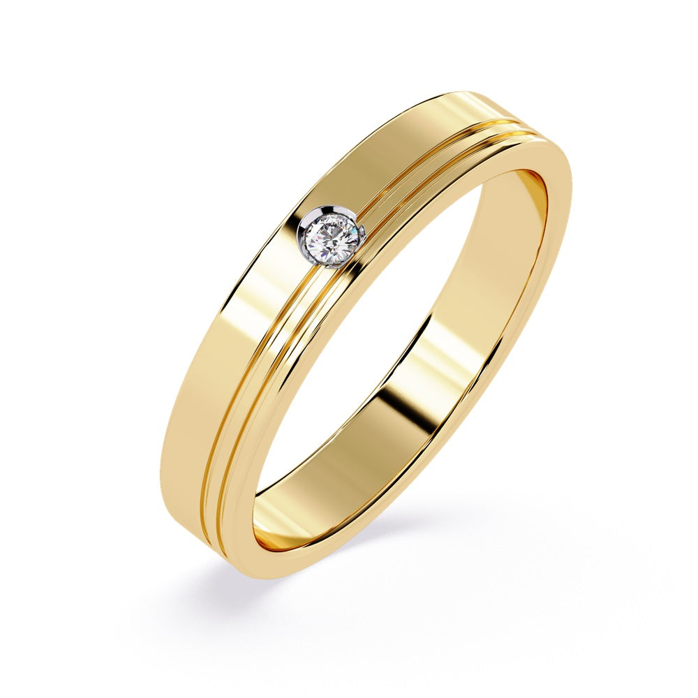 Two elegant gold wedding bands adorned with diamonds, symbolizing love and commitment for a couple.