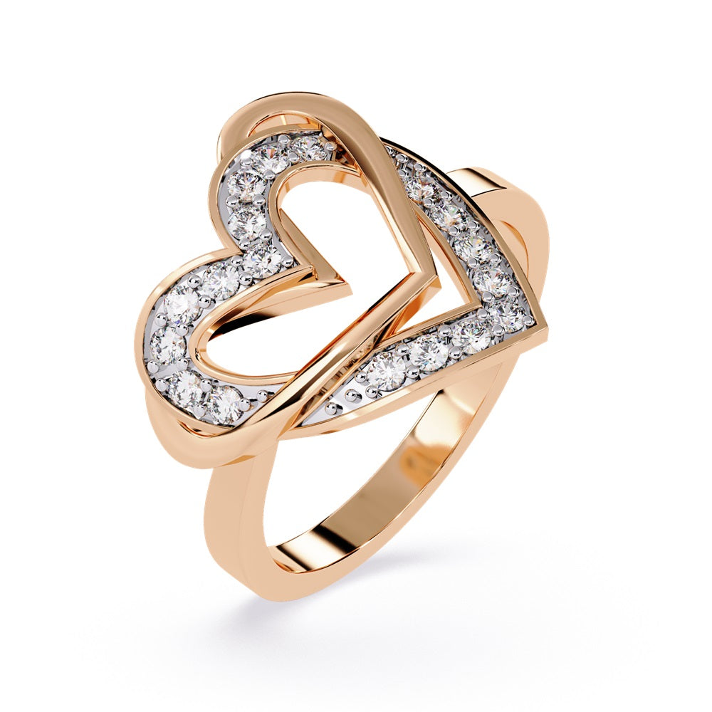 A gold and diamond heart ring featuring two nested hearts, symbolizing love and unity.