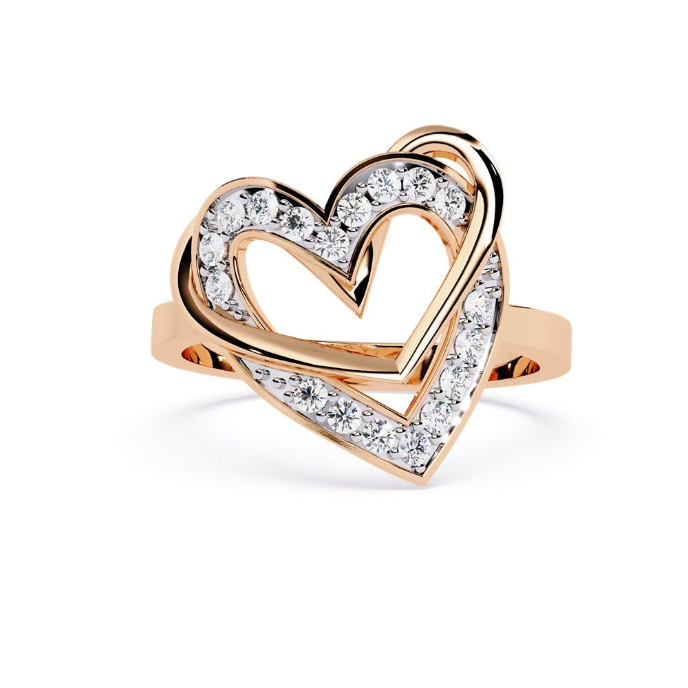 A gold and diamond heart ring featuring two nested hearts, symbolizing love and unity.