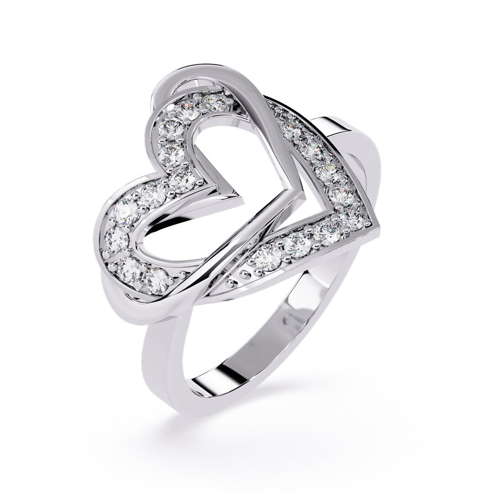 A gold and diamond heart ring featuring two nested hearts, symbolizing love and unity.