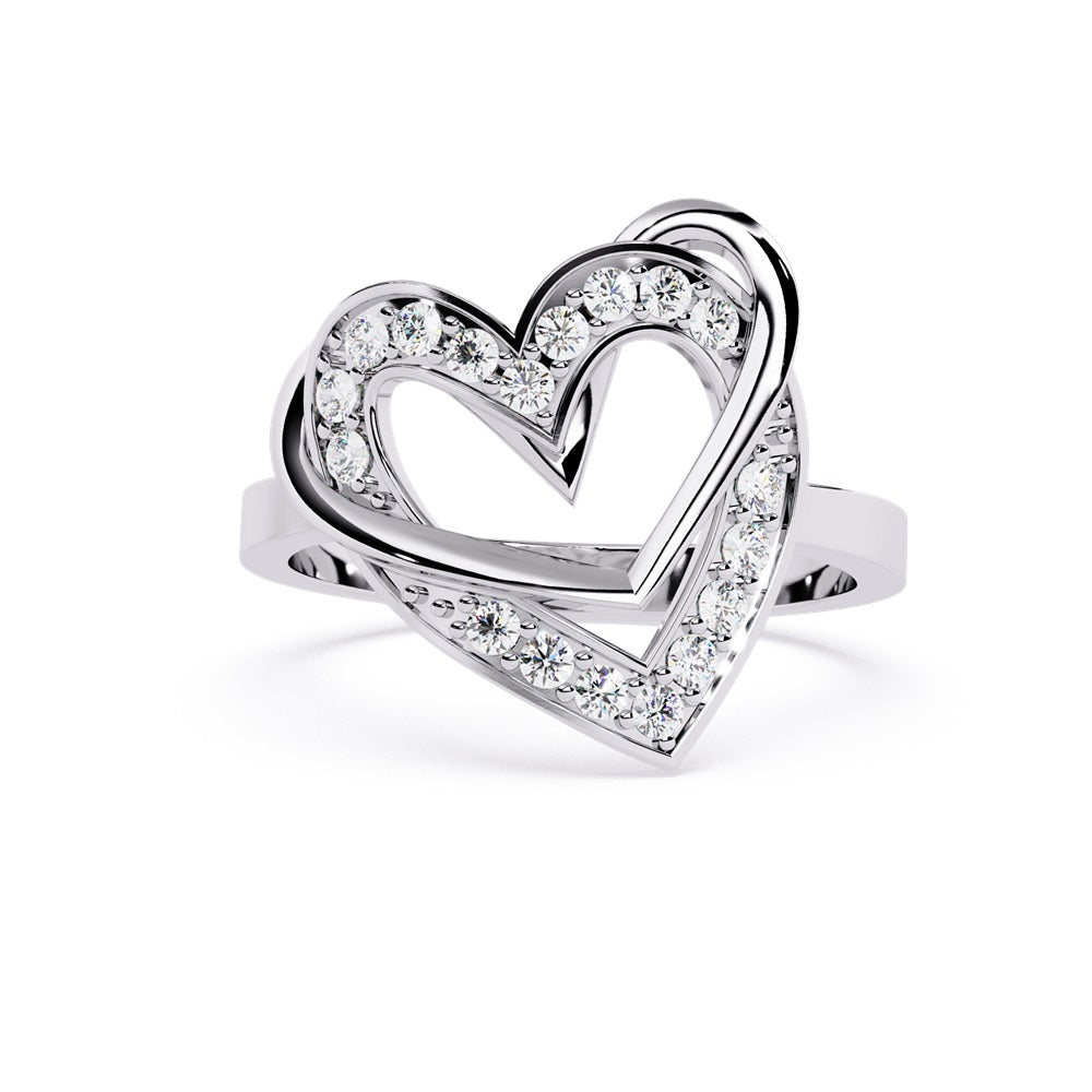 A gold and diamond heart ring featuring two nested hearts, symbolizing love and unity.