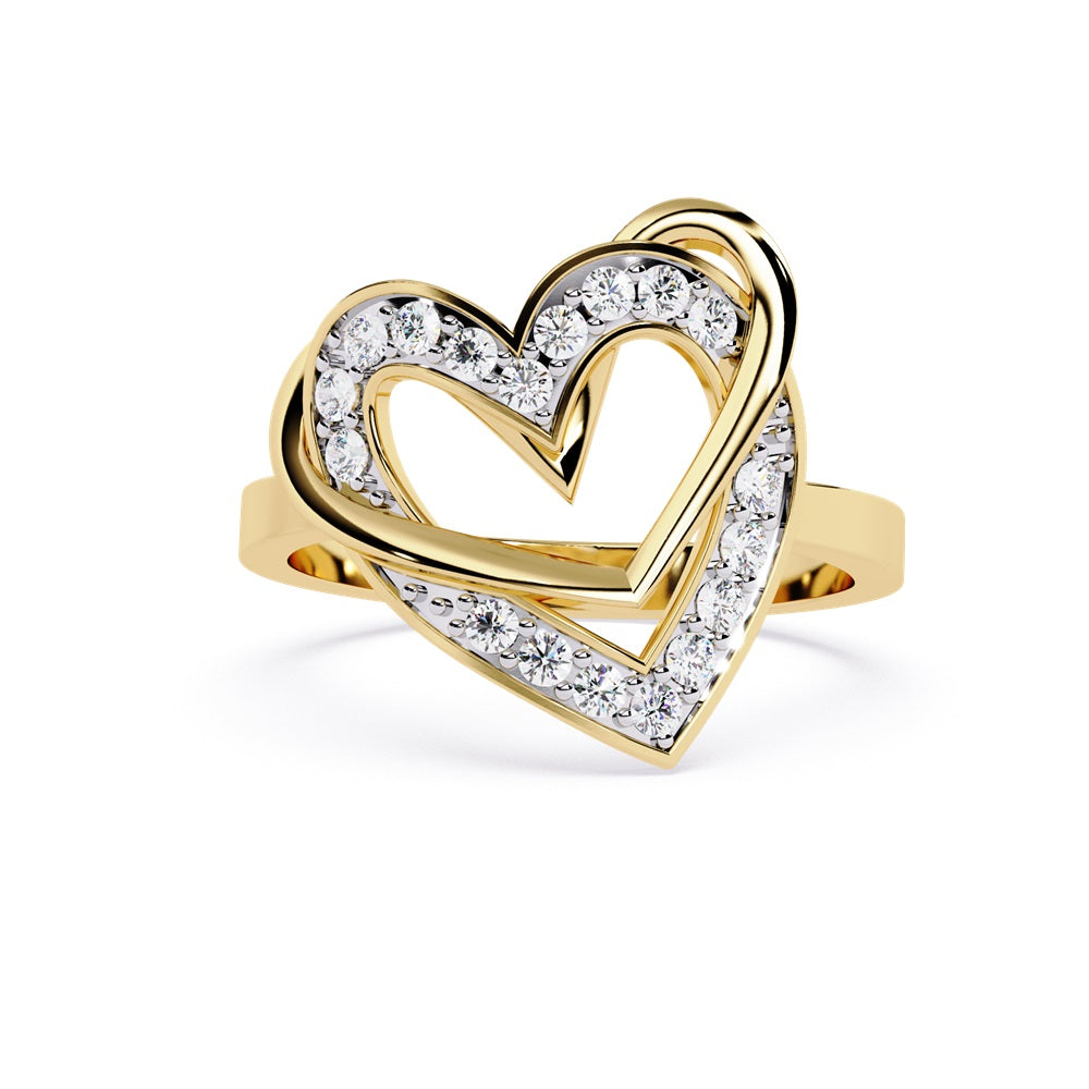 A gold and diamond heart ring featuring two nested hearts, symbolizing love and unity.