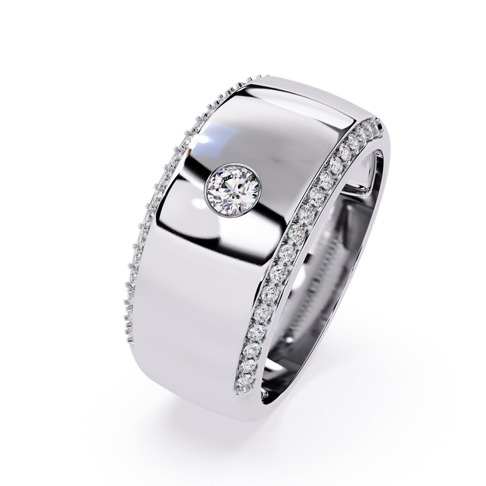 A pair of gold wedding bands featuring sparkling diamonds, representing a couple's eternal bond