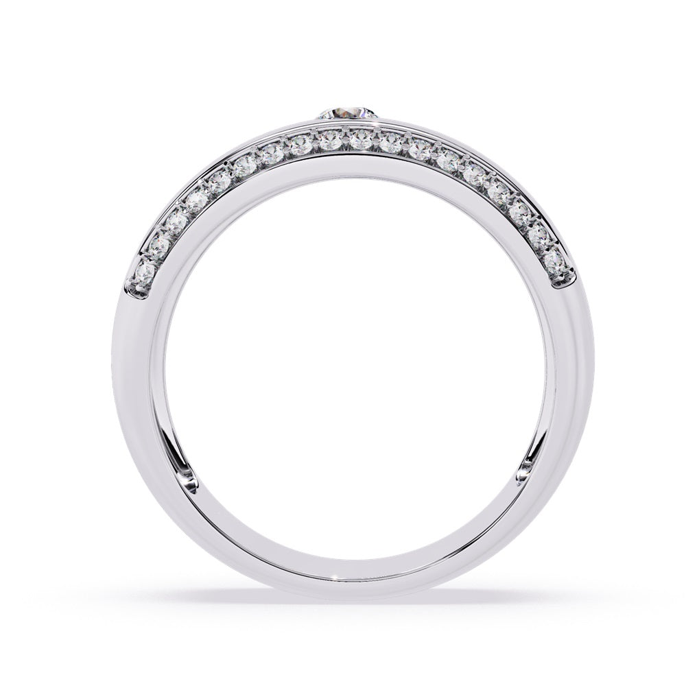 A pair of gold wedding bands featuring sparkling diamonds, representing a couple's eternal bond