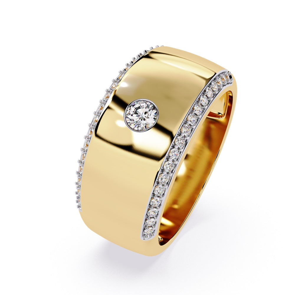 A pair of gold wedding bands featuring sparkling diamonds, representing a couple's eternal bond