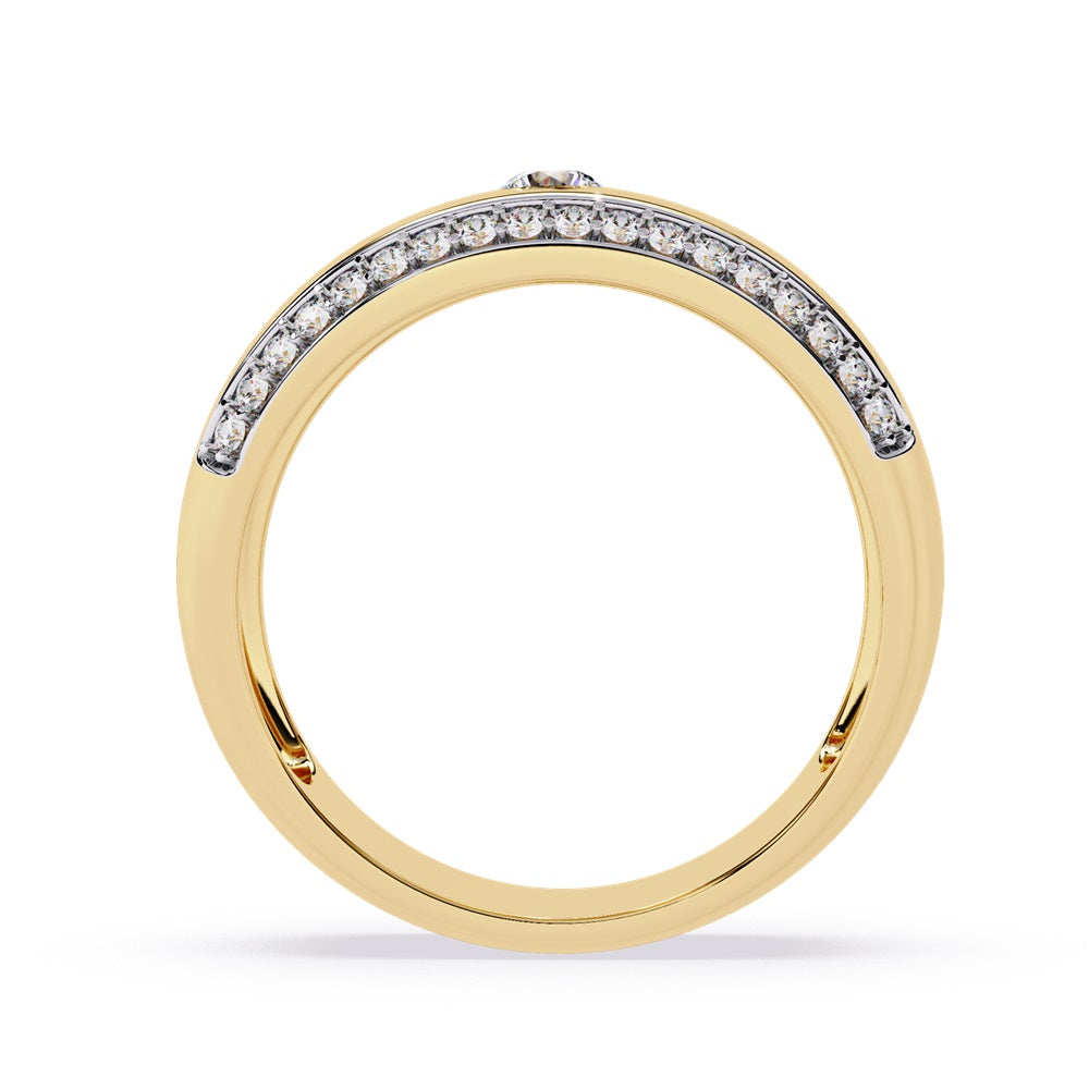 A pair of gold wedding bands featuring sparkling diamonds, representing a couple's eternal bond