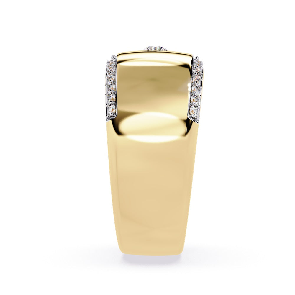 A pair of gold wedding bands featuring sparkling diamonds, representing a couple's eternal bond